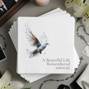 Personalized Memorial Napkins – A Beautiful Life Remembered – Dove of Peace Funeral Napkin with Custom Name – Elegant Celebration of Life