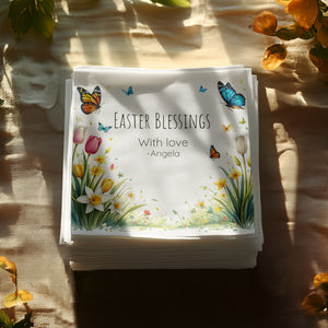 Easter Blessings Custom Napkins – Spring Tulips & Butterflies – Personalized Holiday Napkin with Name