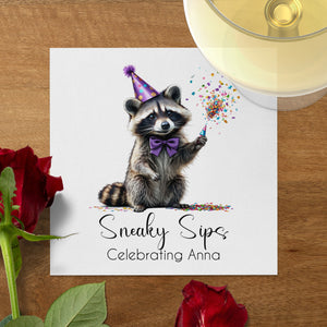 Party Raccoon Napkin, Celebrating Anna, Sneaky Sips Design, Cute Animal Napkins, Birthday Napkins, Festive Napkins