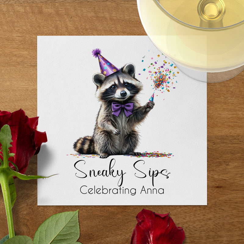 Party Raccoon Napkin, Celebrating Anna, Sneaky Sips Design, Cute Animal Napkins, Birthday Napkins, Festive Napkins