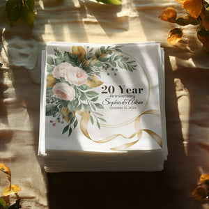Personalized Floral Napkins – Elegant Wreath Design – Custom Anniversary Napkin with Name & Years