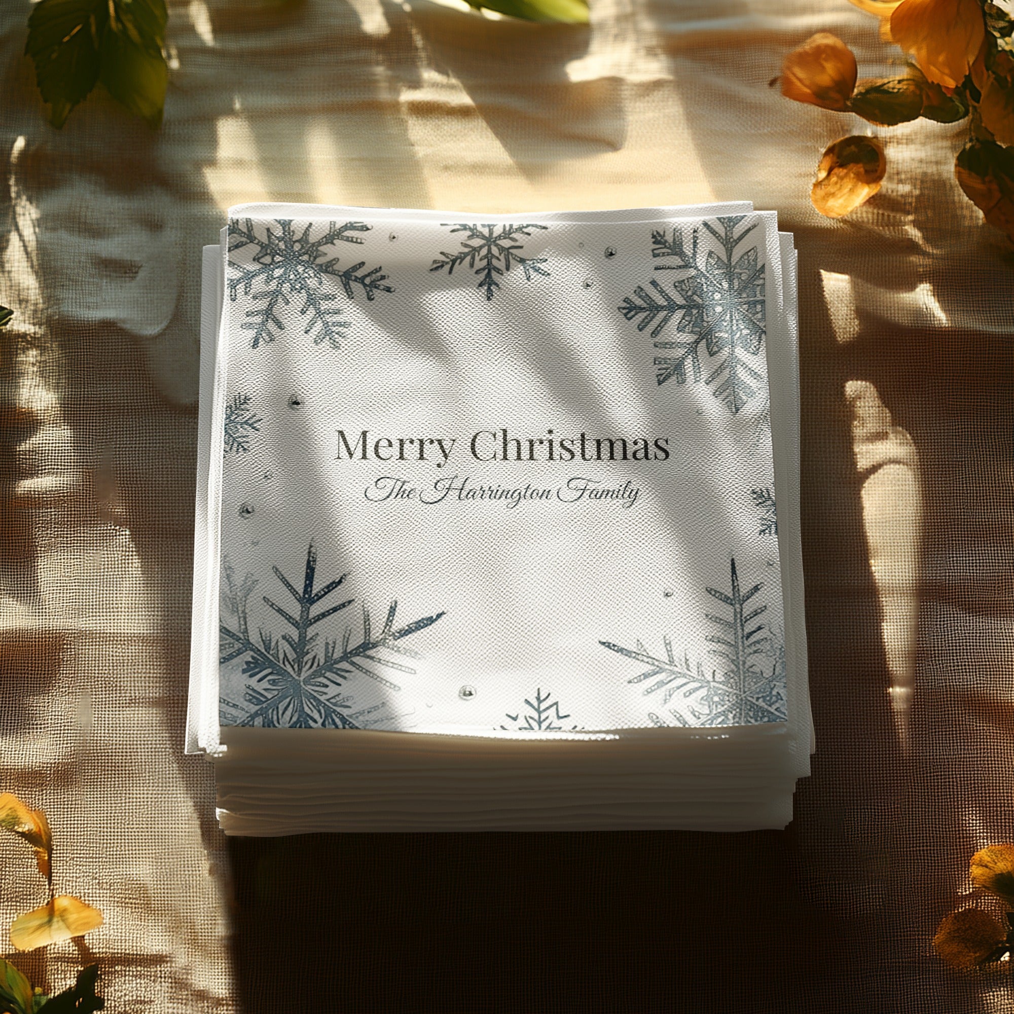 Personalized Christmas Napkins – Custom Holiday Beverage Napkin with Family Name – Elegant Snowflake Design