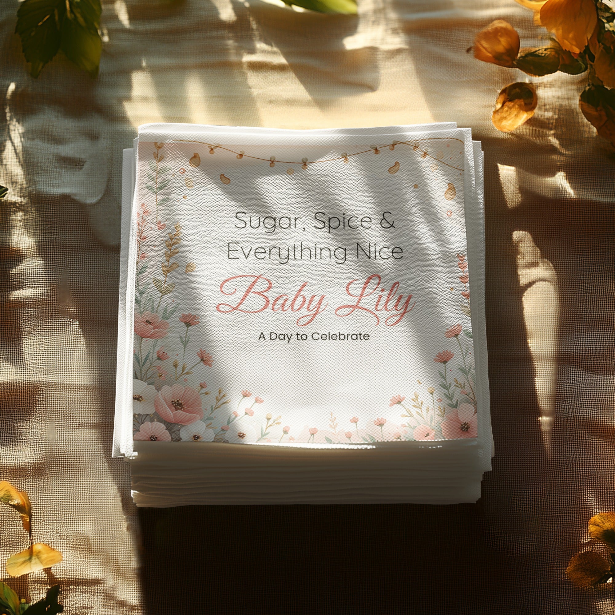 Personalized Baby Shower Napkins – Sugar, Spice & Everything Nice – Custom Baby Shower Napkin – Soft Floral Border