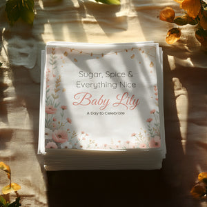 Personalized Baby Shower Napkins – Sugar, Spice & Everything Nice – Custom Baby Shower Napkin – Soft Floral Border