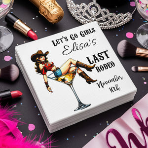 Personalized Bachelorette Napkins – Colorful Cowgirl Last Rodeo – Custom Party Napkins with Name & Date – Featuring Cocktail Glass Design