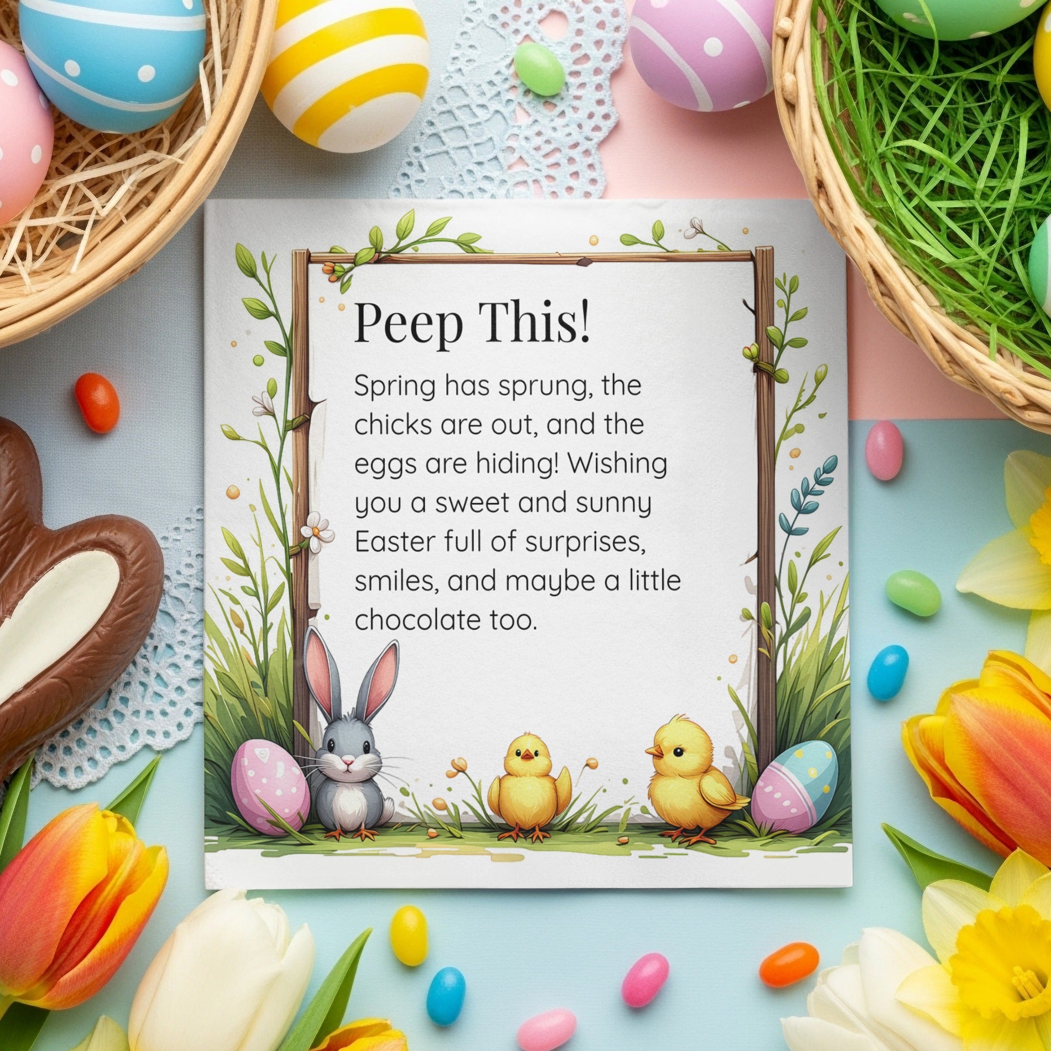 Funny Easter Napkins – Peep This! – Custom Easter Party Napkin with Bunny & Chicks
