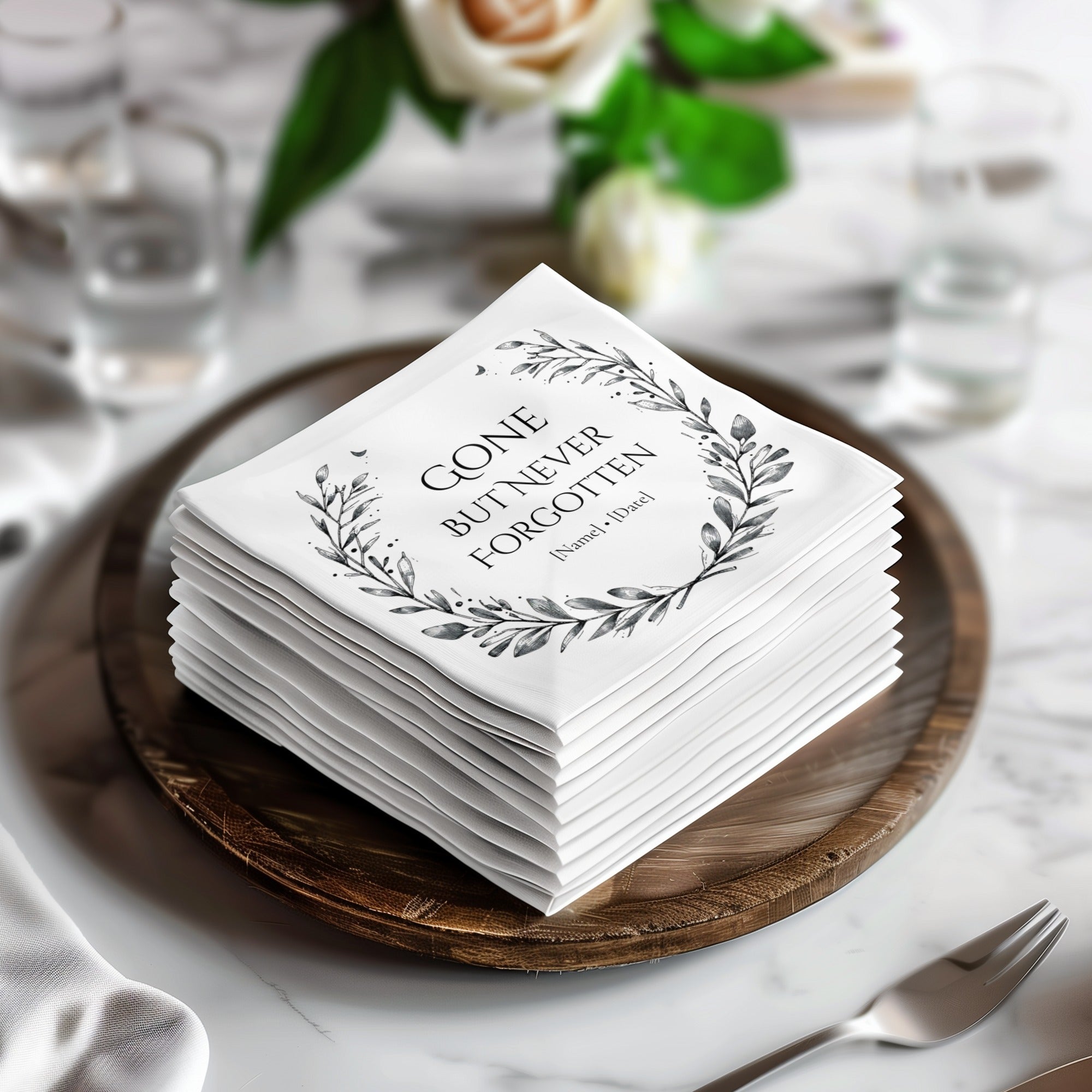 Personalized Memorial Napkins – Gone But Never Forgotten – Funeral Napkin with Name & Date – Elegant Laurel Wreath Design