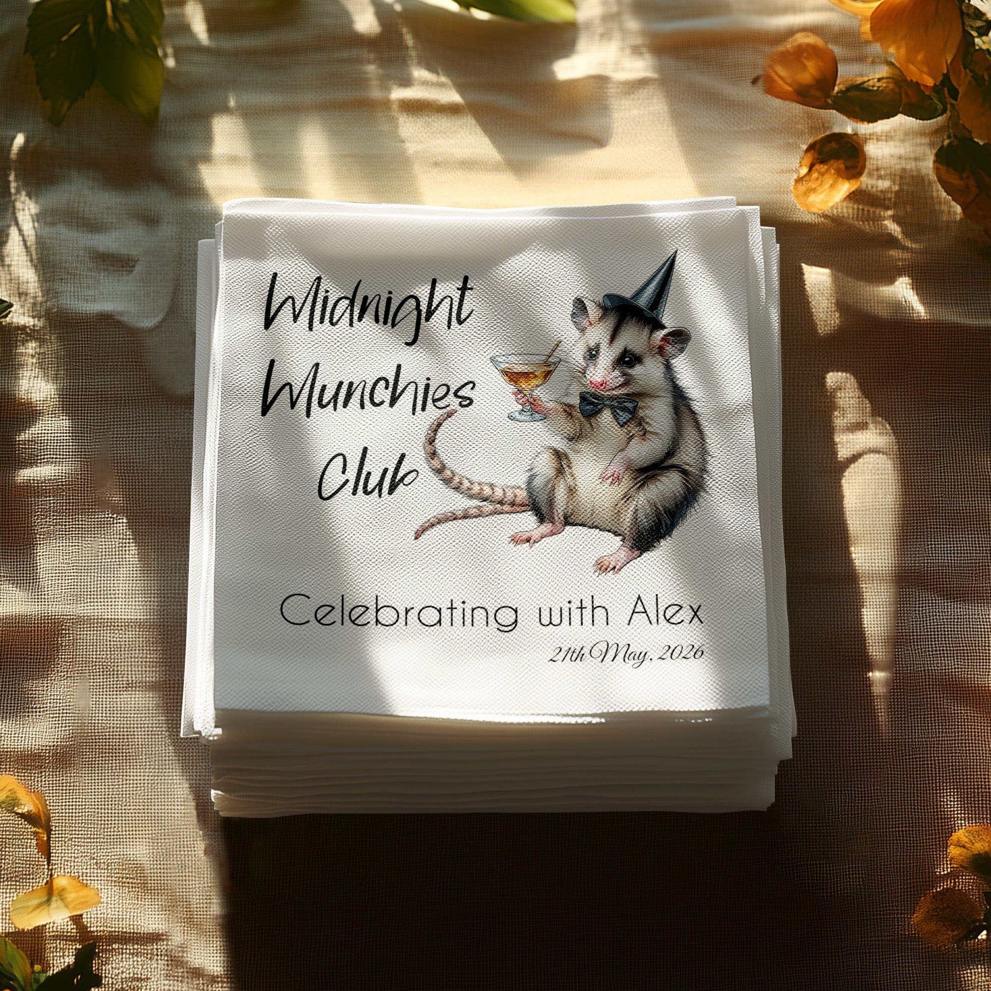 Midnight Munchies Opossum Napkin, Funny Party Napkin, Celebrating with Alex Napkin, Cocktail Napkin, Opossum Lover Gift, Party Decor