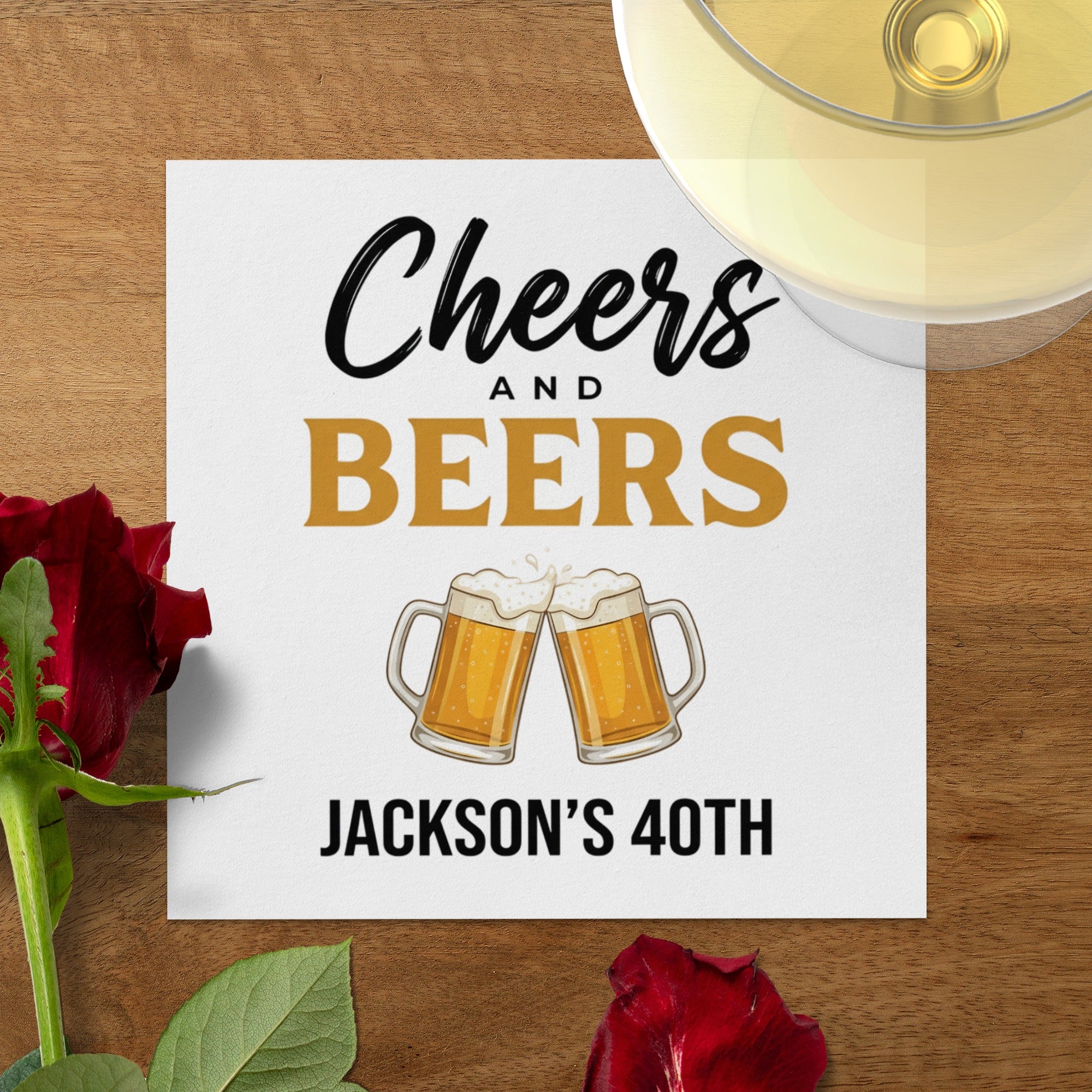Cheers & Beers Party Name and Age Birthday Cocktail Napkins