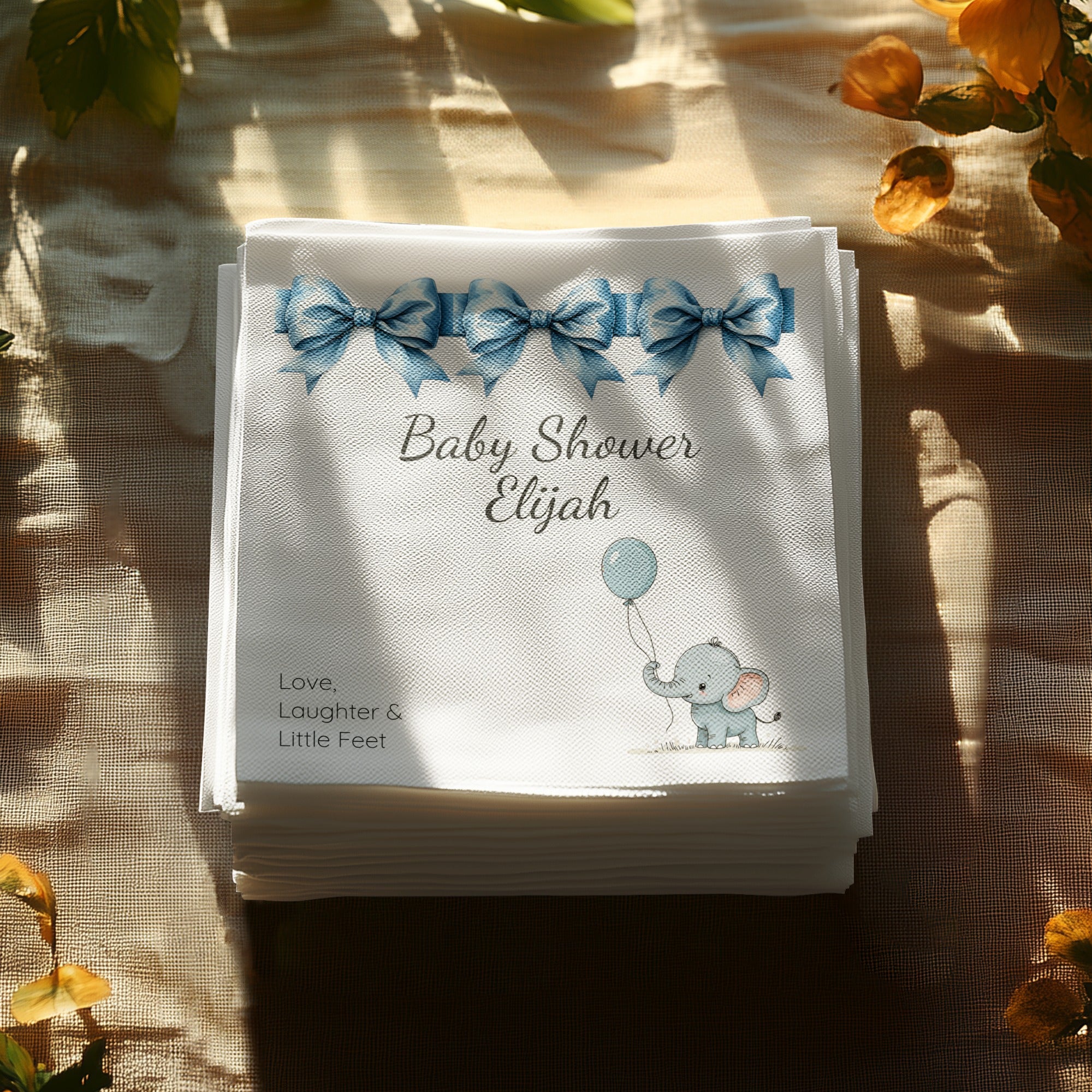 Personalized Baby Shower Napkins – Blue Bows & Elephant – Custom Baby Boy Shower Napkin with Balloon Illustration