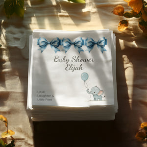 Personalized Baby Shower Napkins – Blue Bows & Elephant – Custom Baby Boy Shower Napkin with Balloon Illustration