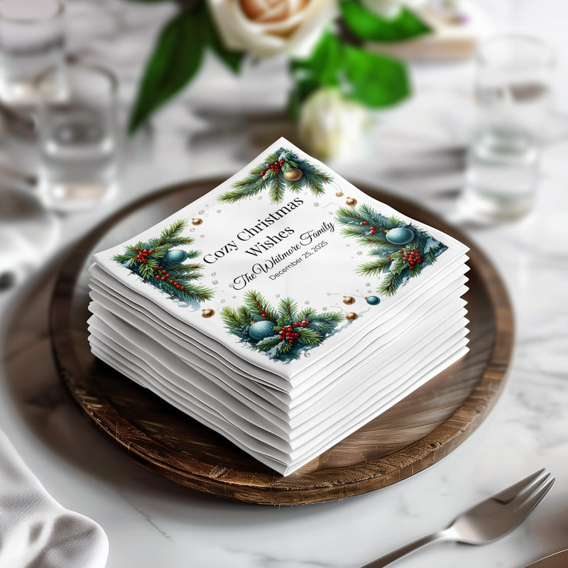 Cozy Christmas Napkins – Personalized Holiday Beverage Napkin with Family Name – Festive Pine & Ornament Design