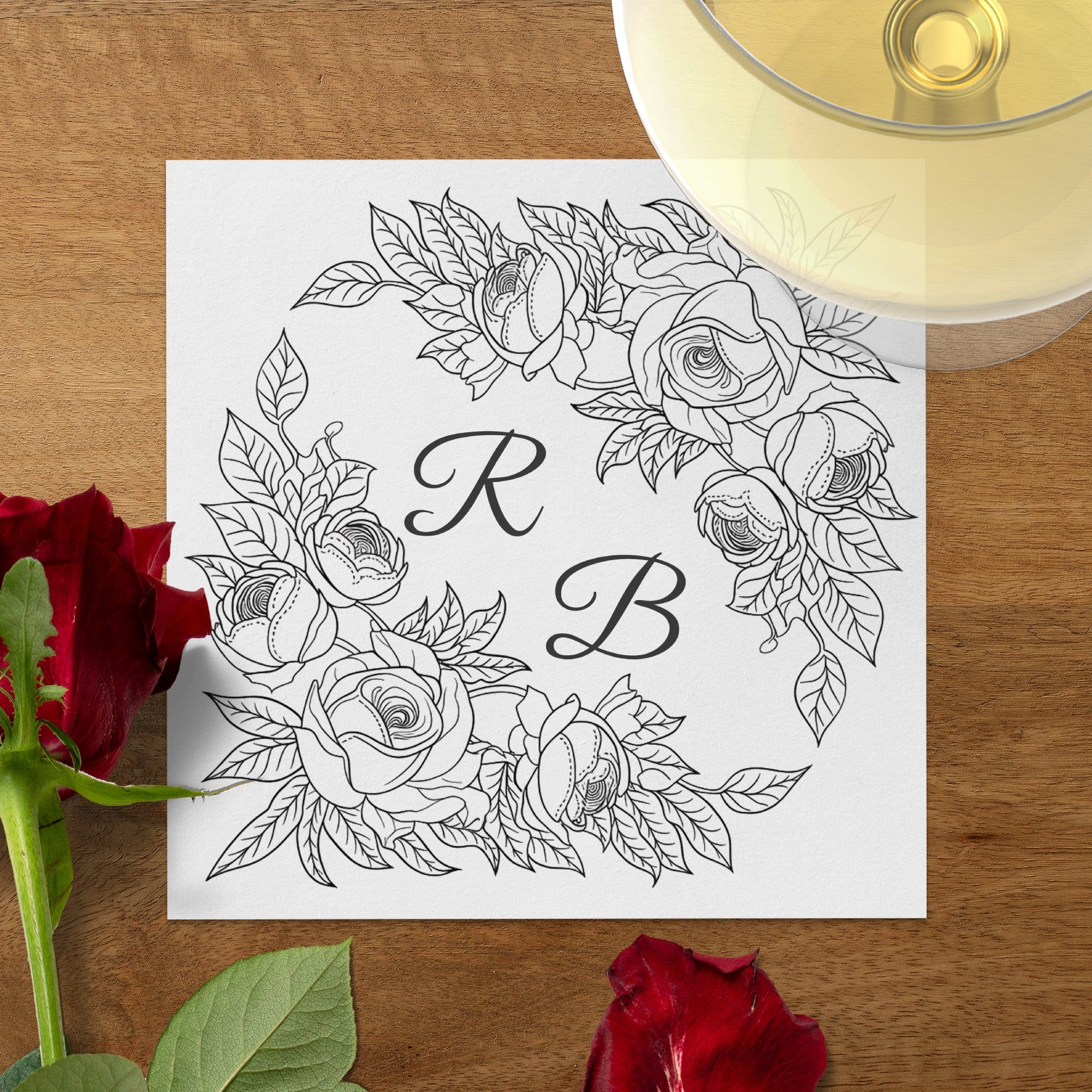 Personalized Wedding Napkins – Floral Monogram – Custom Wedding Napkin with Rose Frame – Classic Vintage Elegance