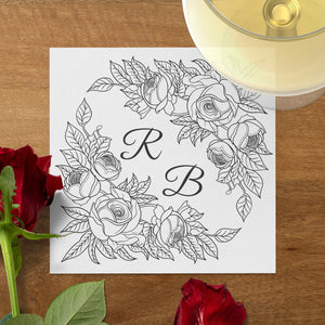 Personalized Wedding Napkins – Floral Monogram – Custom Wedding Napkin with Rose Frame – Classic Vintage Elegance