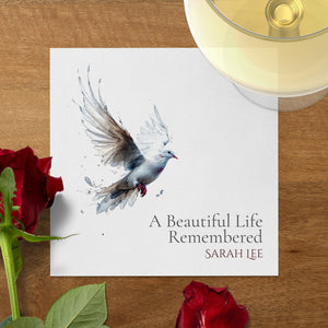 Personalized Memorial Napkins – A Beautiful Life Remembered – Dove of Peace Funeral Napkin with Custom Name – Elegant Celebration of Life