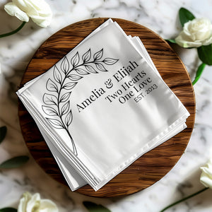 Personalized Wedding Napkins – Two Hearts One Love – Custom Wedding Napkin with Leaf Branch Design – Elegant Black & White Style