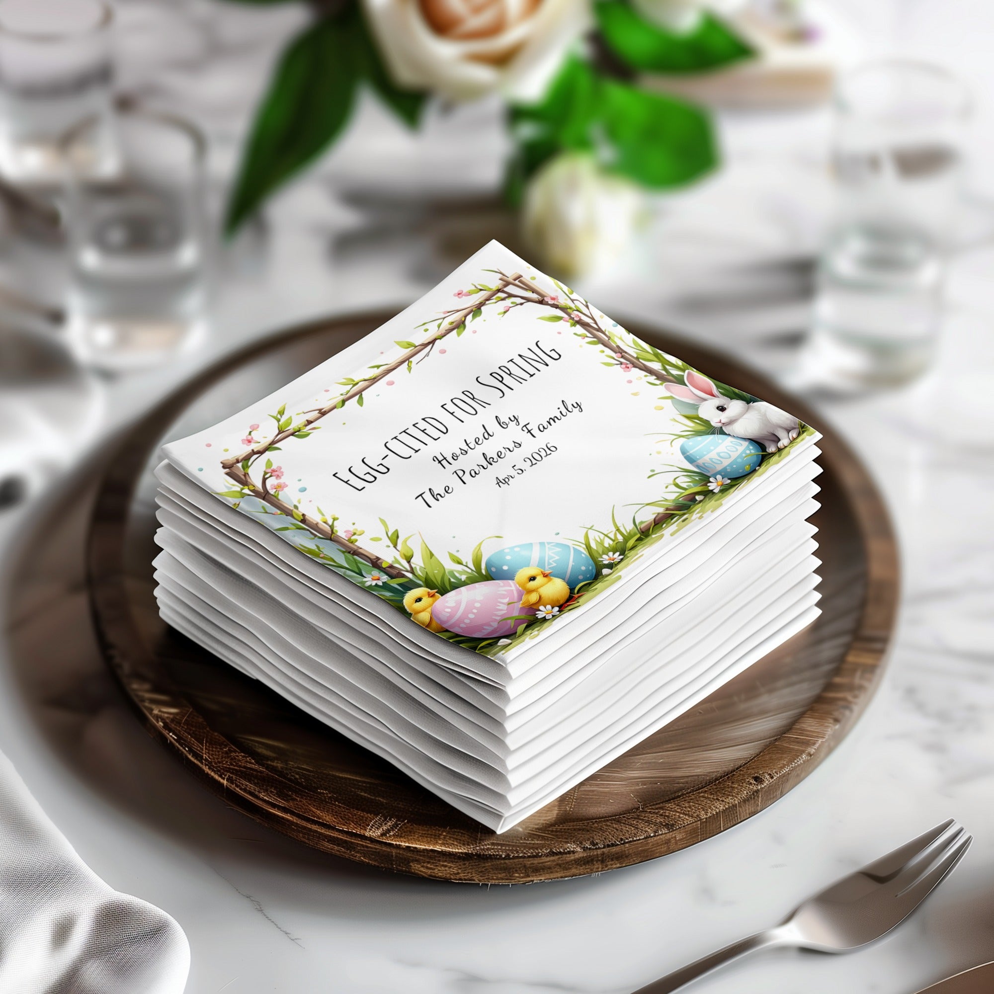 Custom Easter Napkins – Egg-cited for Spring – Bunny & Easter Egg Party Napkins