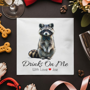 Drinks On Me Napkin, Raccoon Napkin, Animal Lover Gift, Funny Raccoon, Bowtie Napkin, Cute Animal, Party Napkin, Raccoon Art