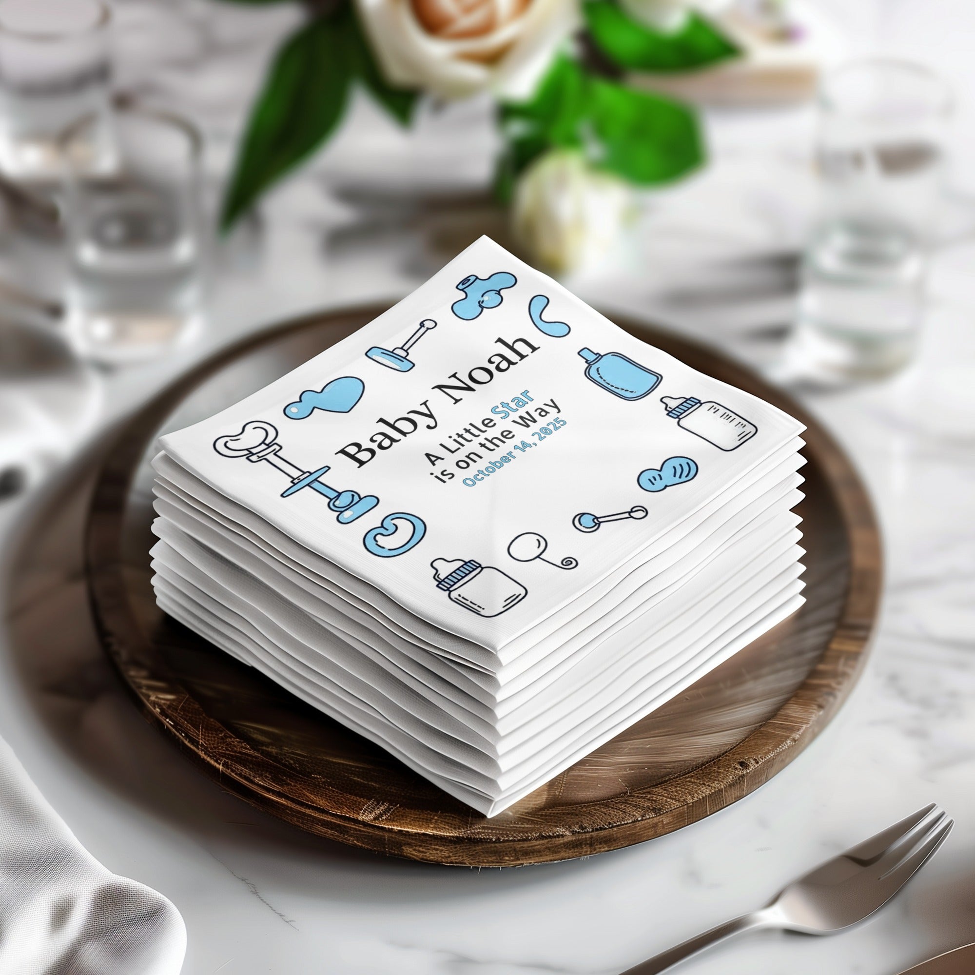 Personalized Baby Shower Napkins – A Little Star Is on the Way – Custom Baby Shower Napkin with Blue Icons – Boy Theme