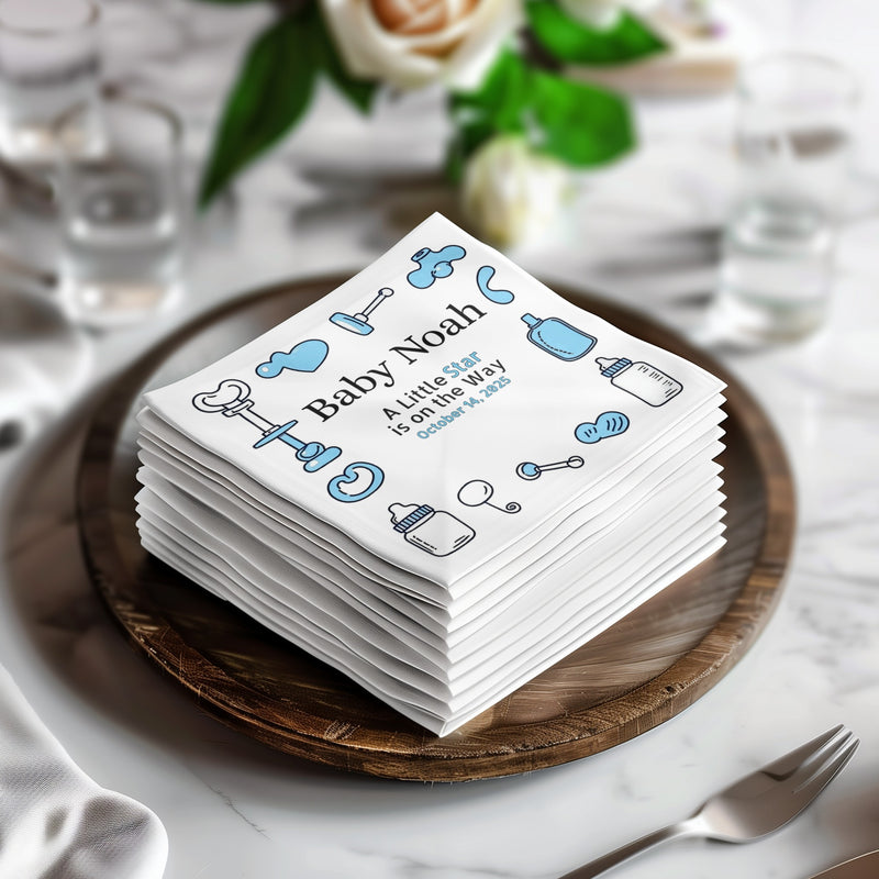 Personalized Baby Shower Napkins – A Little Star Is on the Way – Custom Baby Shower Napkin with Blue Icons – Boy Theme