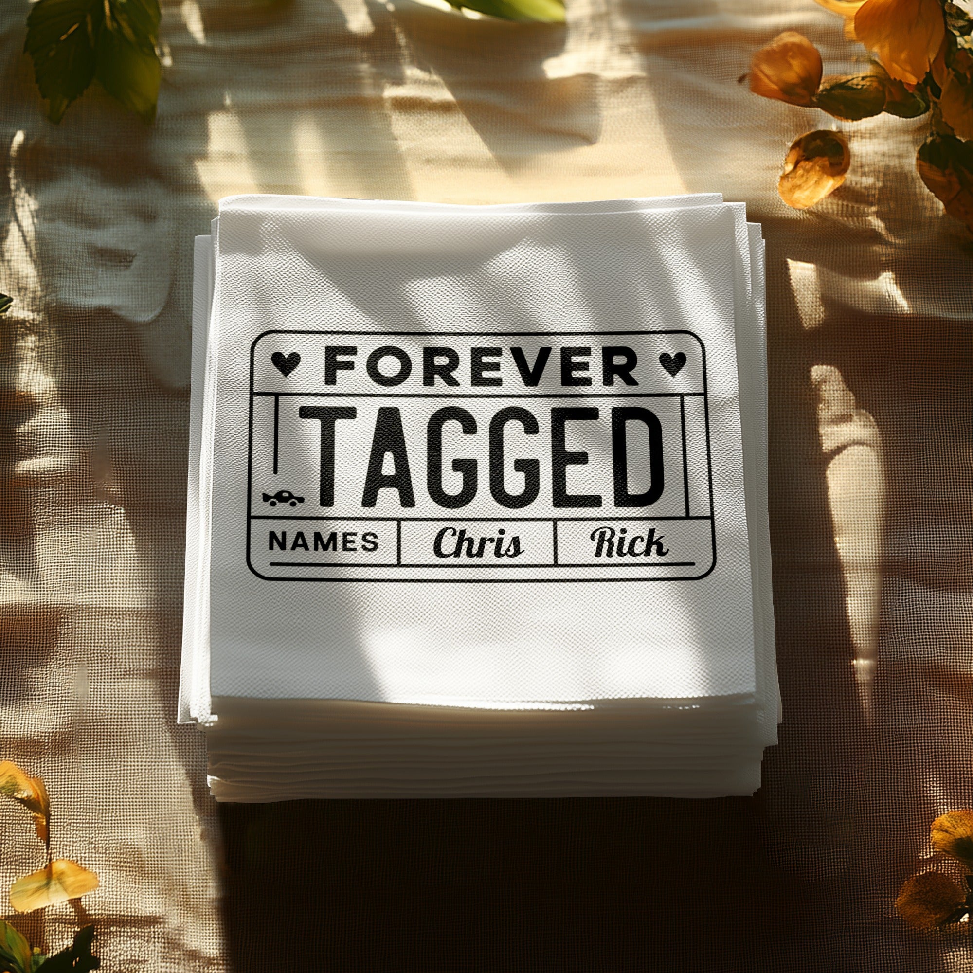 Personalized License Plate Napkins – Forever Tagged Love – Custom Anniversary Napkin with Name & Years