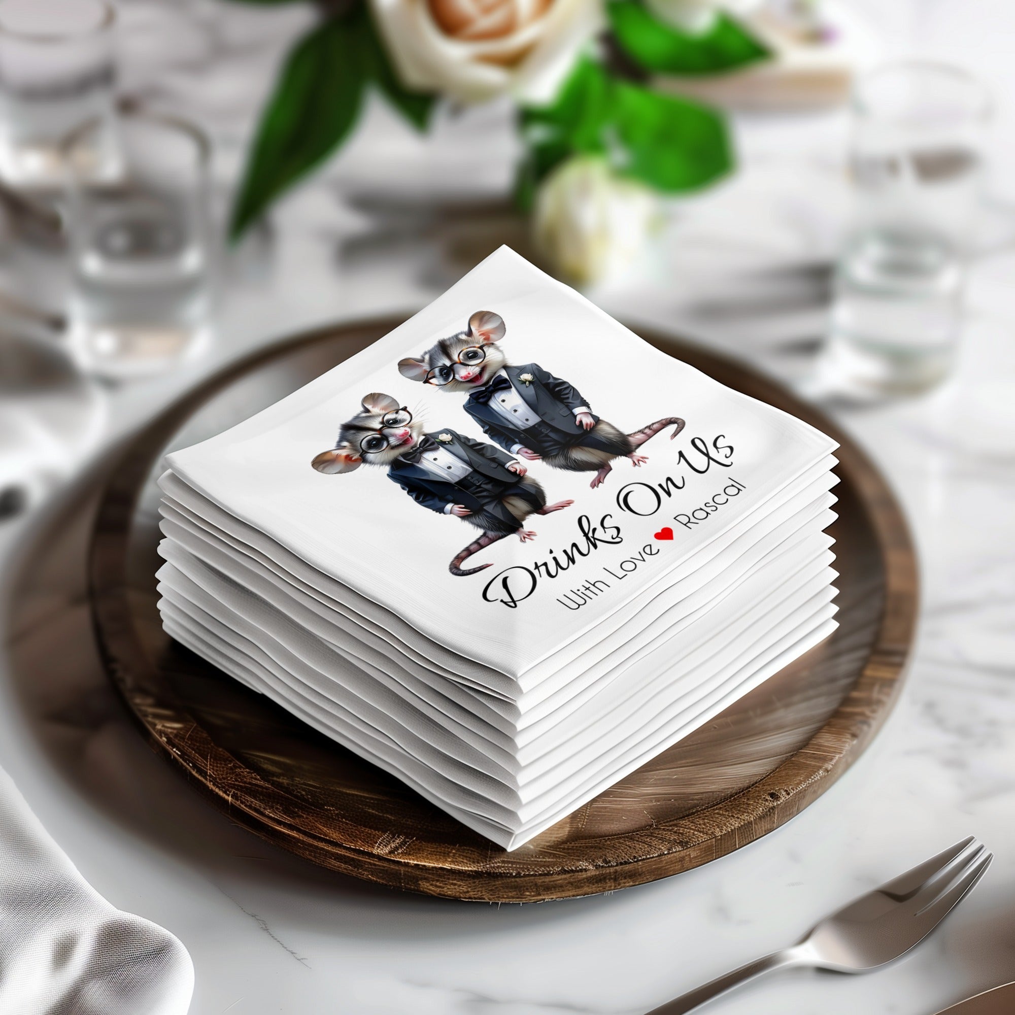 Rascal Napkin, Opossum Napkin, Drinks On Us, Tuxedo Napkin, Animal Napkin, Funny Napkin, Party Napkin, Hostess Napkin, Cocktail Napkin