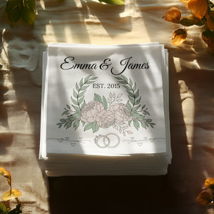 Personalized Wedding Napkins – Established Date with Rings – Custom Wedding Napkin with Floral Accents – Classic Botanical Theme