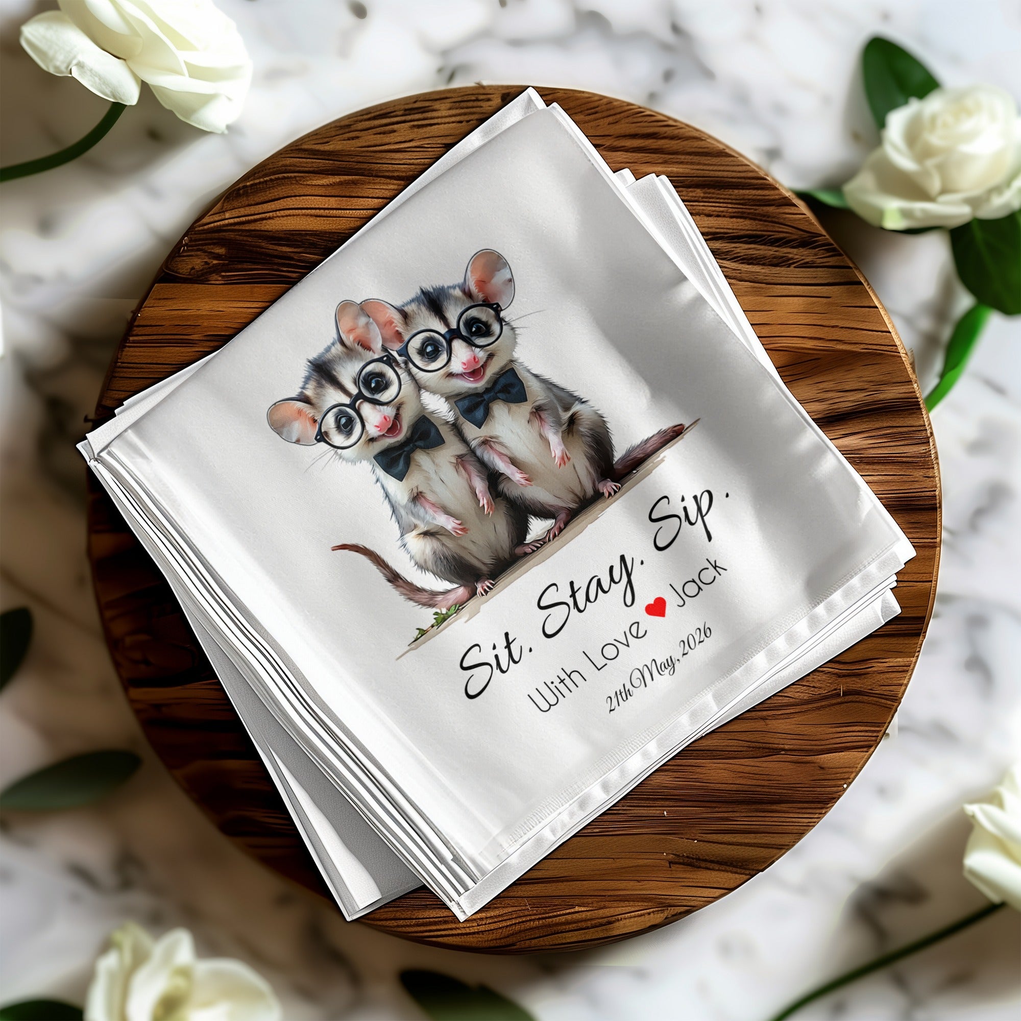 Possum Napkin, Sit Stay Sip Napkin, Animal Napkin, Cute Napkin, Personalized Napkin, Funny Napkin, Wedding Napkin, Event Napkin