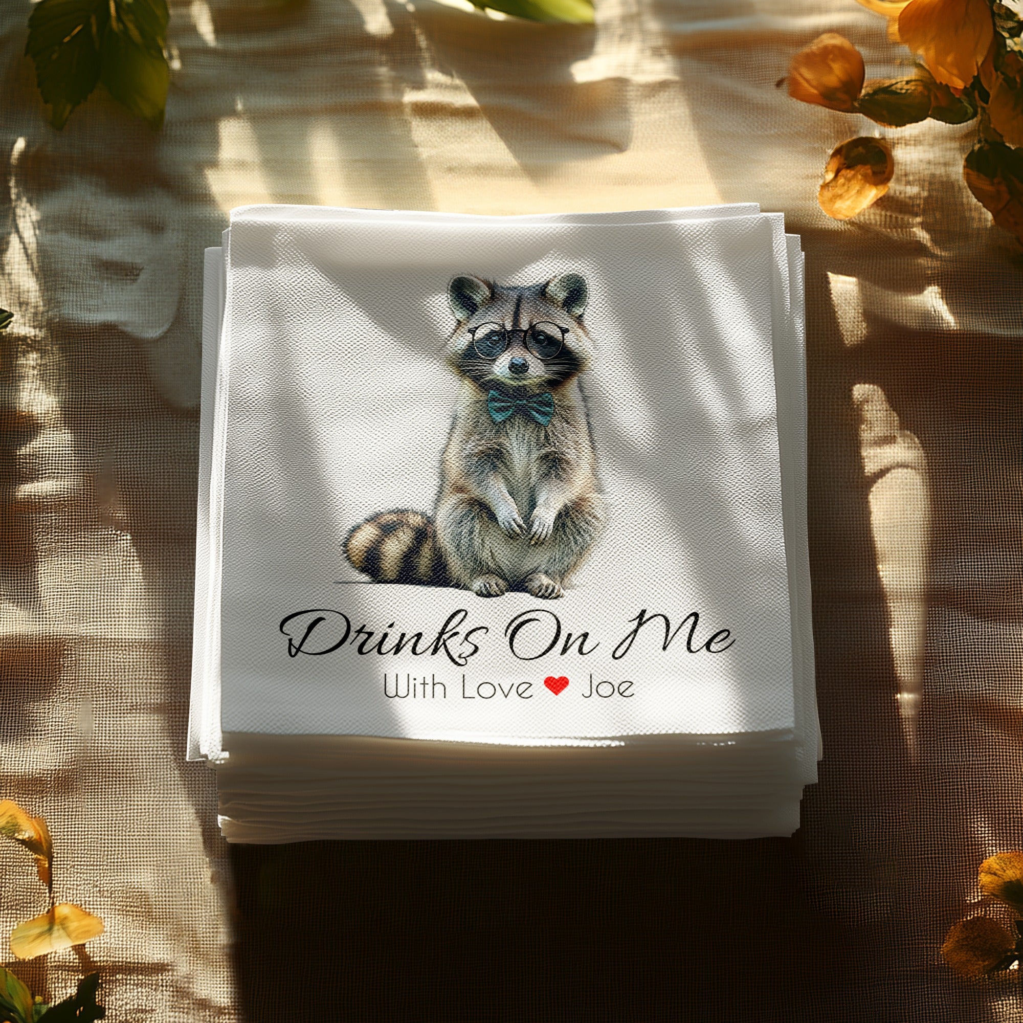 Drinks On Me Napkin, Raccoon Napkin, Animal Lover Gift, Funny Raccoon, Bowtie Napkin, Cute Animal, Party Napkin, Raccoon Art