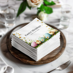Easter Blessings Napkins – Pastel Eggs & Baby Chicks – Custom Spring Napkin with Name