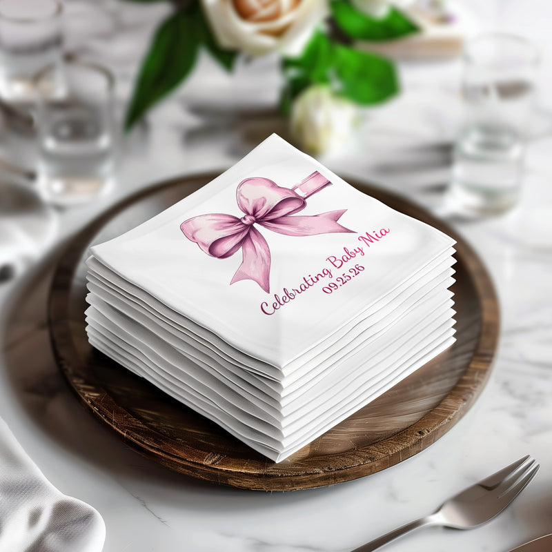 Personalized Baby Shower Napkins – Celebrating Baby – Elegant Pink Bow – Custom Baby Shower Napkin with Date Line