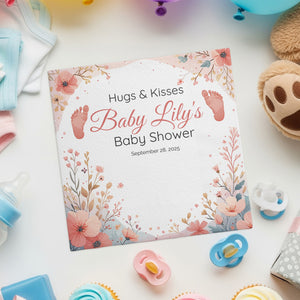 Personalized Baby Shower Napkins – Hugs & Kisses – Custom Baby Shower Napkin with Footprints & Florals – Romantic Blush Theme
