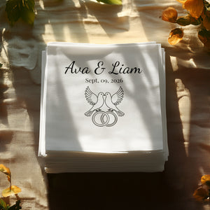 Personalized Wedding Napkins – Love Birds & Rings – Custom Wedding Napkin with Doves and Rings – Symbol of Commitment