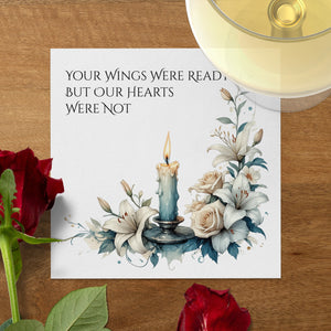 Personalized Memorial Napkins – Custom Funeral Napkin with Candle & Florals – Your Wings Were Ready But Our Hearts Were Not