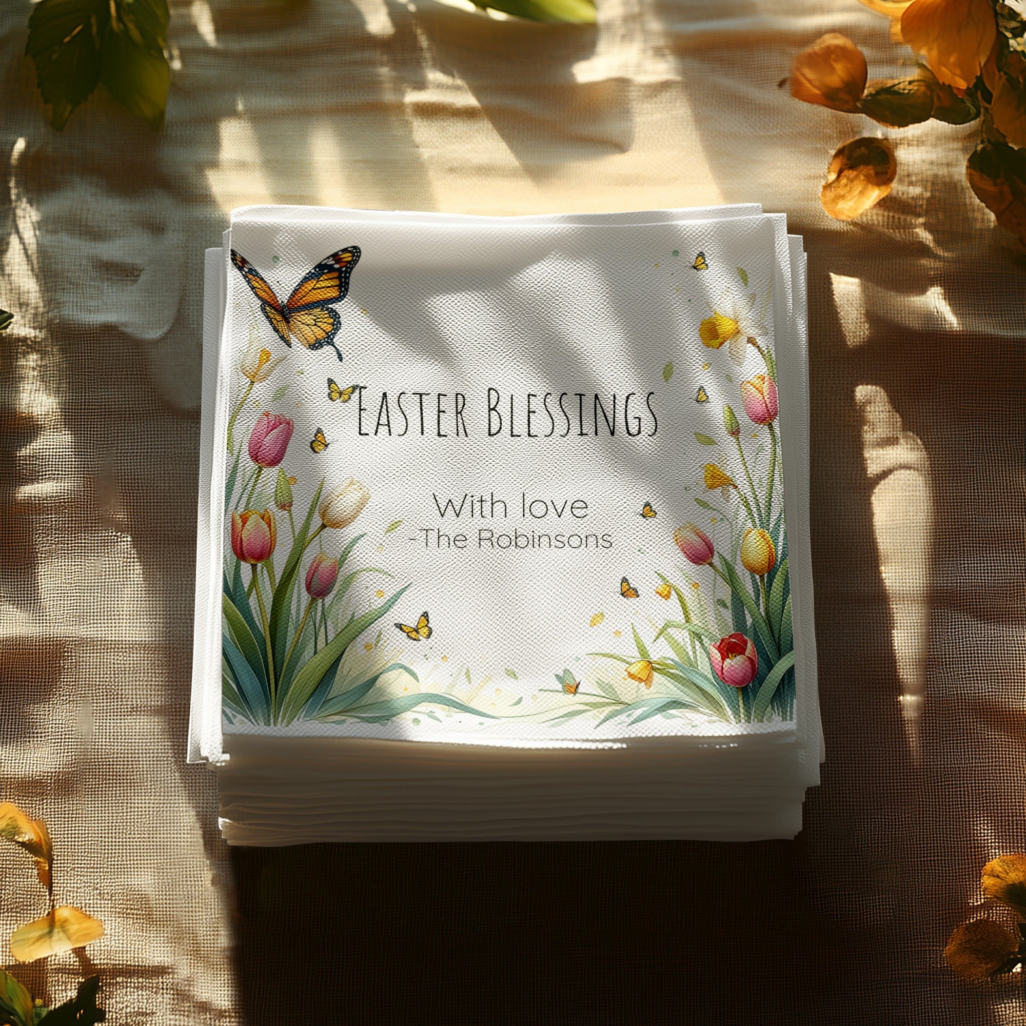 Personalized Easter Blessings Napkins – Spring Tulips & Butterflies – Custom Easter Party Napkin with Name