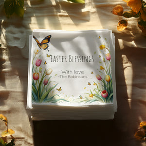 Personalized Easter Blessings Napkins – Spring Tulips & Butterflies – Custom Easter Party Napkin with Name