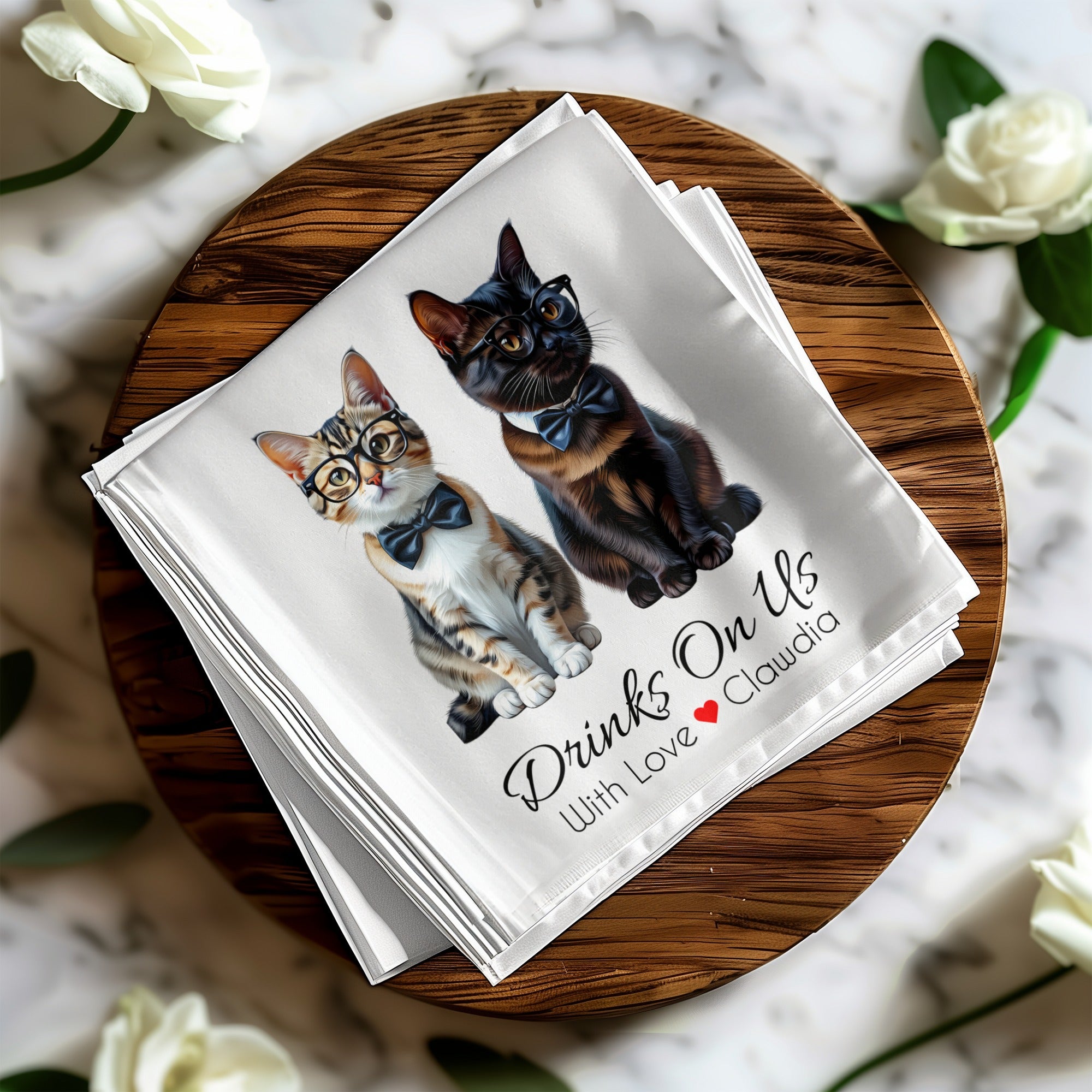 Cats Napkin, Funny Cat Napkins, Party Napkins, Drinks On Us Napkin, Pet Lover Gift, Cat with Bow Tie, Cute Cat Napkins