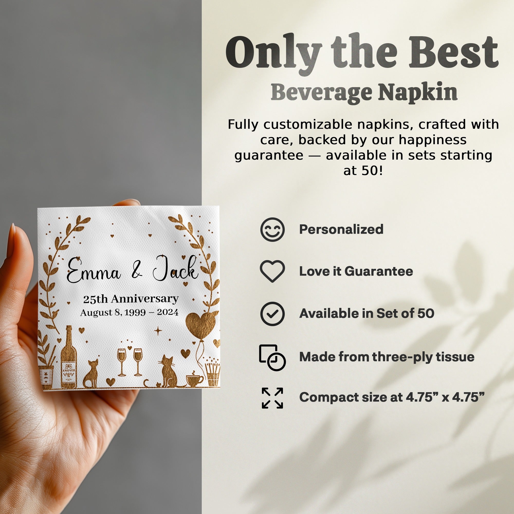Personalized Anniversary Napkins – Golden Romance Design – Custom Elegant Napkin with Name & Years
