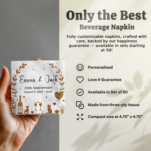 Personalized Anniversary Napkins – Golden Romance Design – Custom Elegant Napkin with Name & Years