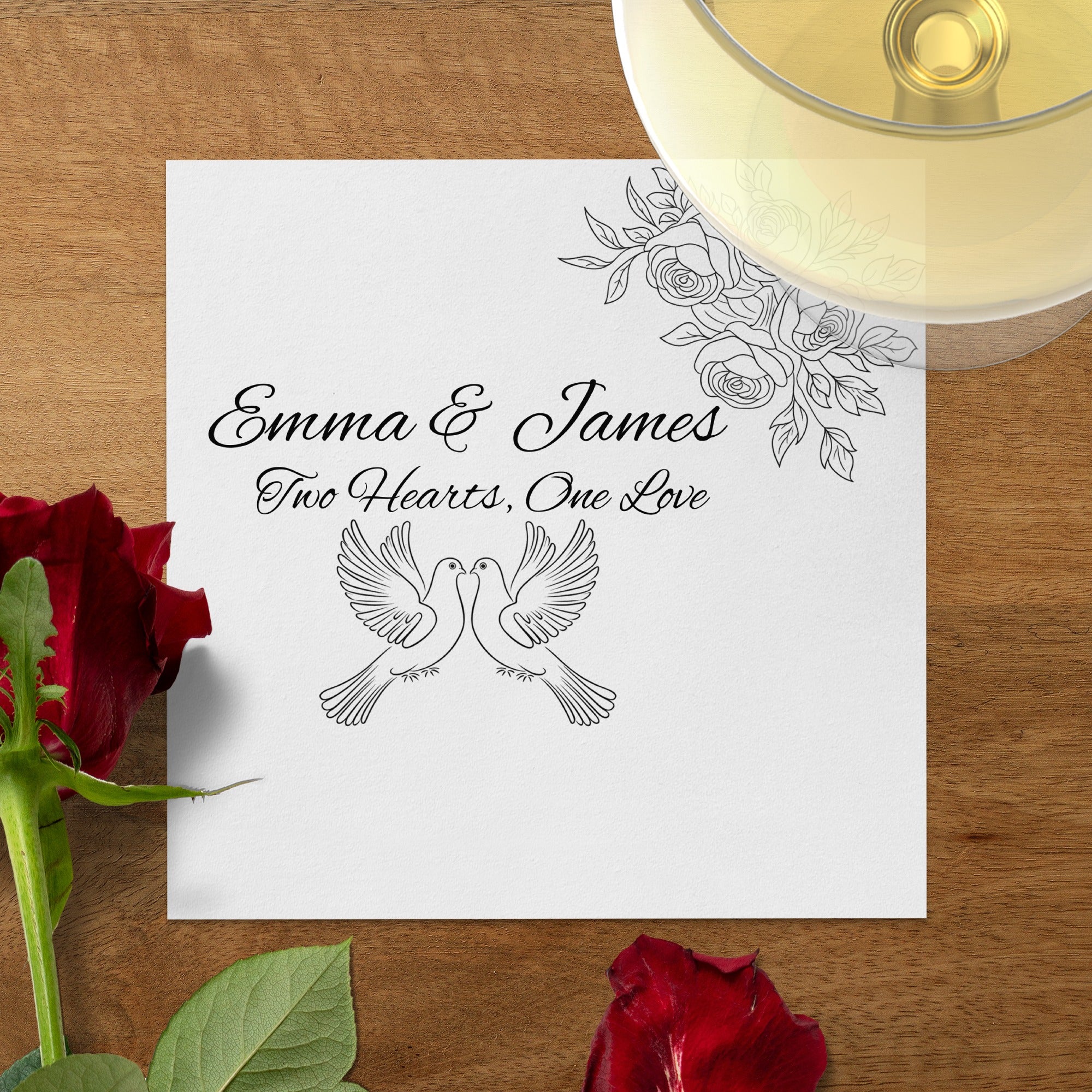 Personalized Wedding Napkins – Love Doves & Roses – Custom Wedding Napkin with Romantic Dove Illustration – Symbol of Unity