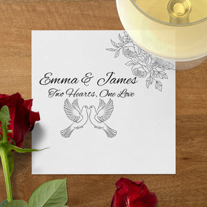 Personalized Wedding Napkins – Love Doves & Roses – Custom Wedding Napkin with Romantic Dove Illustration – Symbol of Unity