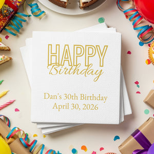 Custom Birthday Napkins – Personalized Happy Birthday Napkin with Name & Date – Elegant Gold Script Party Décor