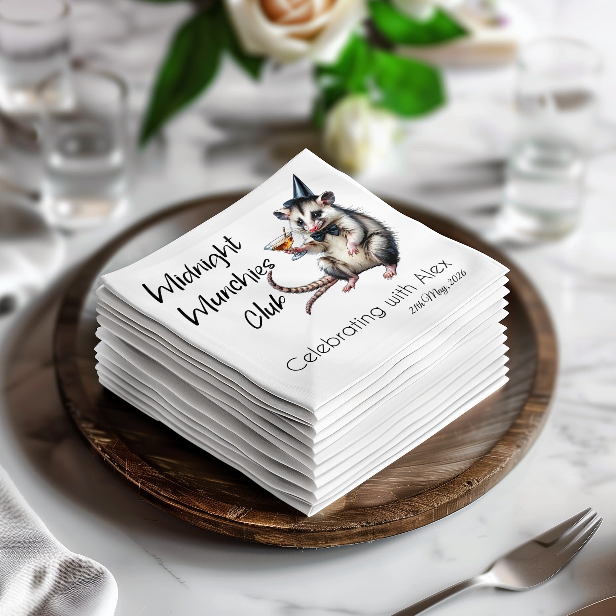 Midnight Munchies Opossum Napkin, Funny Party Napkin, Celebrating with Alex Napkin, Cocktail Napkin, Opossum Lover Gift, Party Decor
