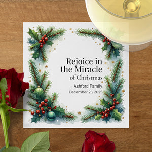 Religious Christmas Napkins – Personalized Holiday Beverage Napkin with Holly & Pine Border – Rejoice in the Miracle of Christmas