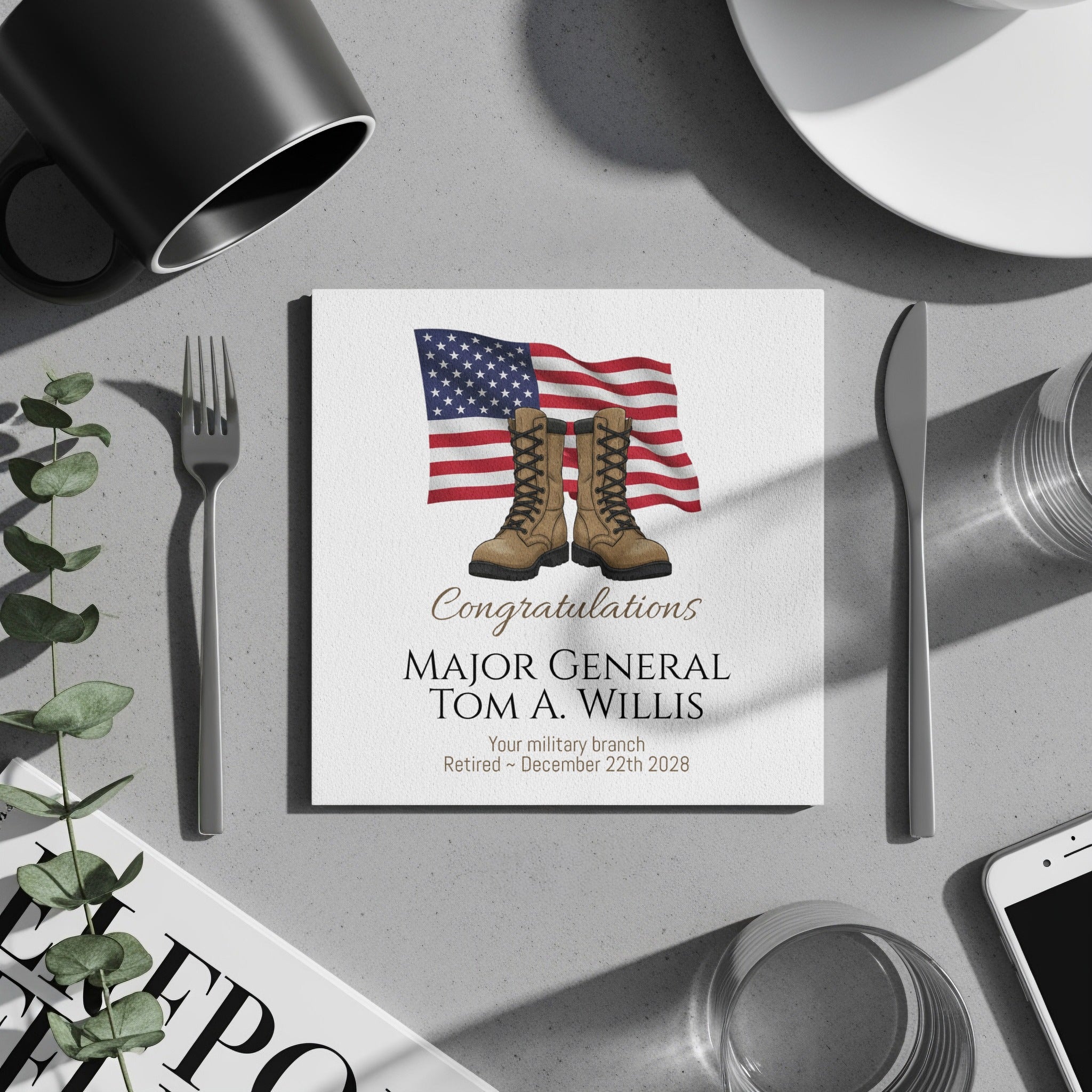 Military Retirement Napkin, Personalized Gift, US Flag, Boots, Major General, Retirement Party Decoration, Military Party Supplies