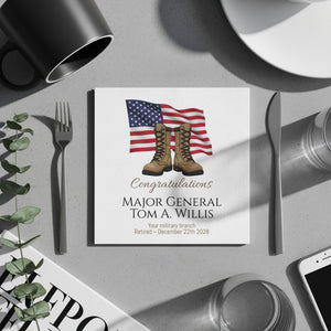 Military Retirement Napkin, Personalized Gift, US Flag, Boots, Major General, Retirement Party Decoration, Military Party Supplies