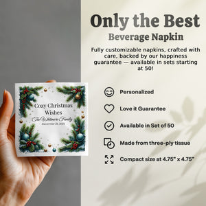 Cozy Christmas Napkins – Personalized Holiday Beverage Napkin with Family Name – Festive Pine & Ornament Design