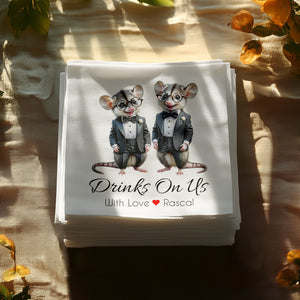 Rascal Napkin, Opossum Napkin, Drinks On Us, Tuxedo Napkin, Animal Napkin, Funny Napkin, Party Napkin, Hostess Napkin, Cocktail Napkin