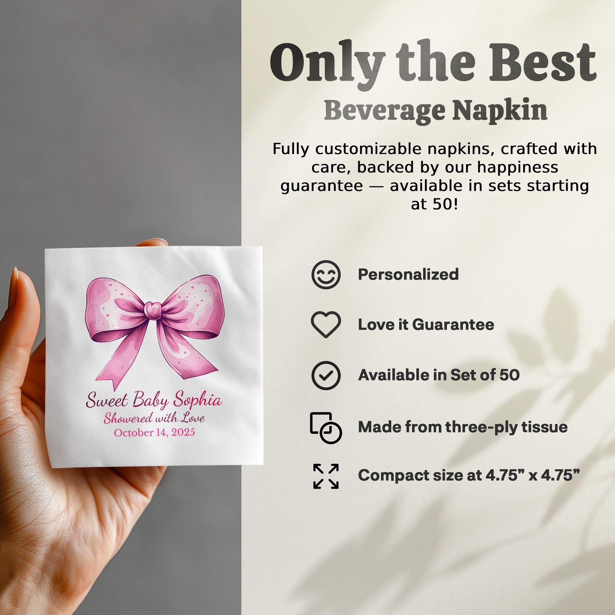Personalized Baby Shower Napkins – Sweet Baby – Pink Bow – Custom Baby Shower Napkin with Date – Girly Statement Bow