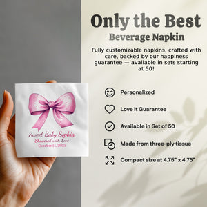 Personalized Baby Shower Napkins – Sweet Baby – Pink Bow – Custom Baby Shower Napkin with Date – Girly Statement Bow